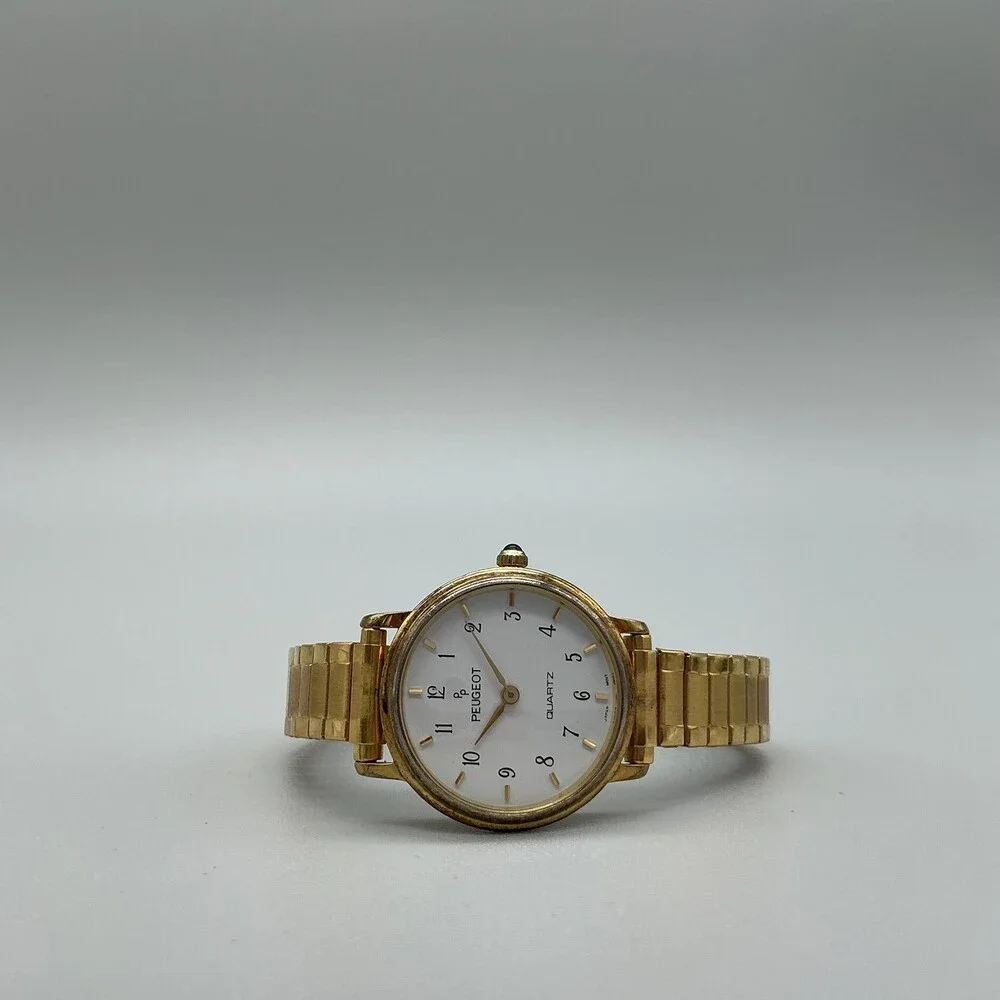 Vintage Peugeot Womens Watch 24mm White Dial Gold Tone Stretch New Battery